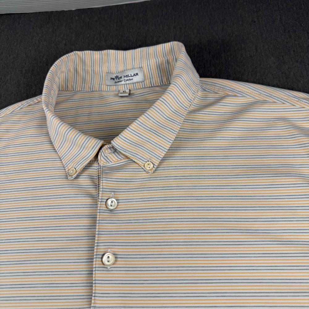 Peter Millar Summer Comfort Mens XL Striped Polo‎ Shirt Orange Grey Golf Casual